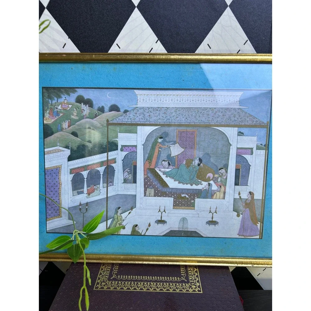 Vintage Framed Indian Pahari Mahabharata Print Palace Scene Wall Art